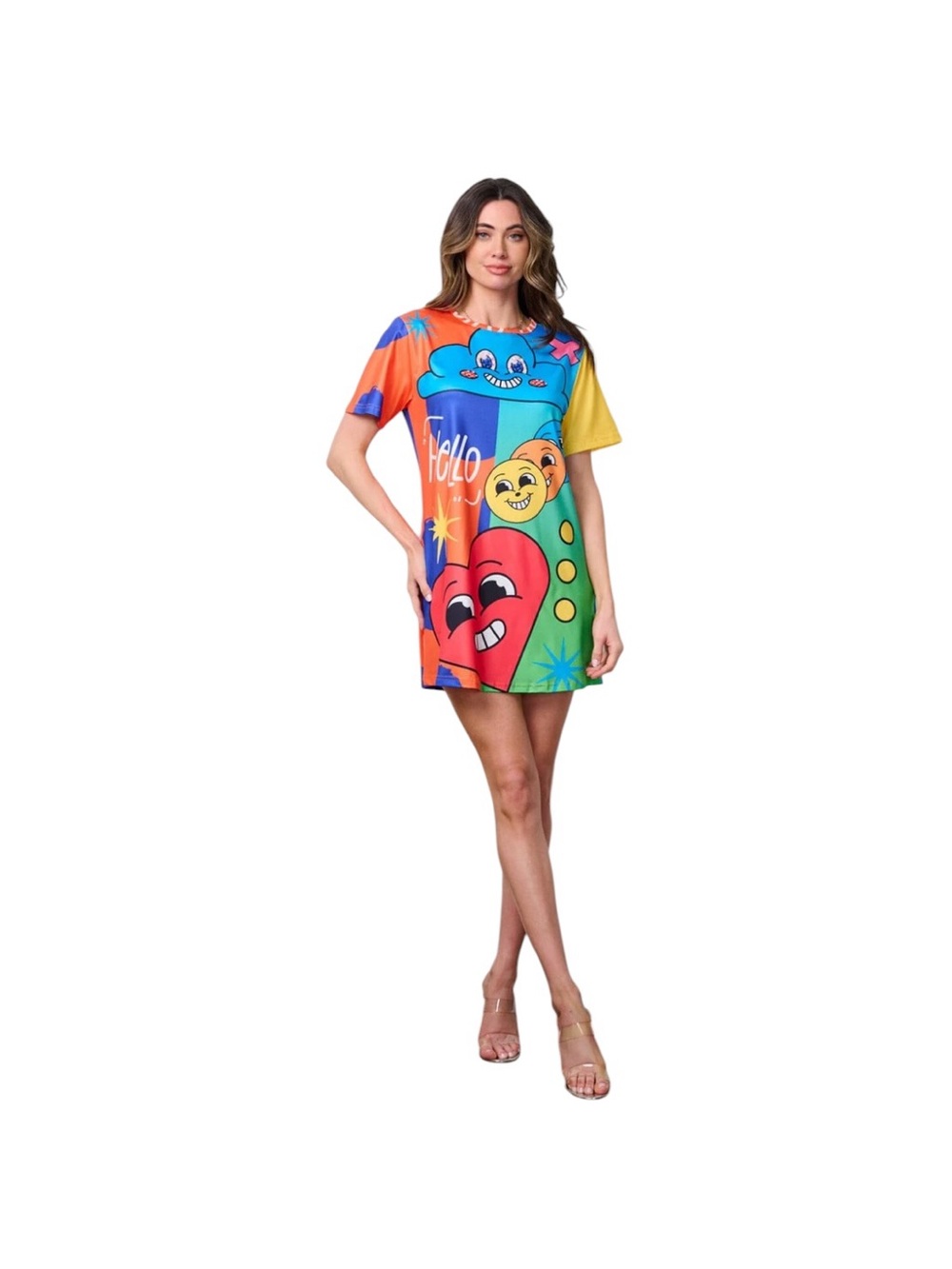 Colorful Pop Art Short Sleeve Shift Dress - Multi